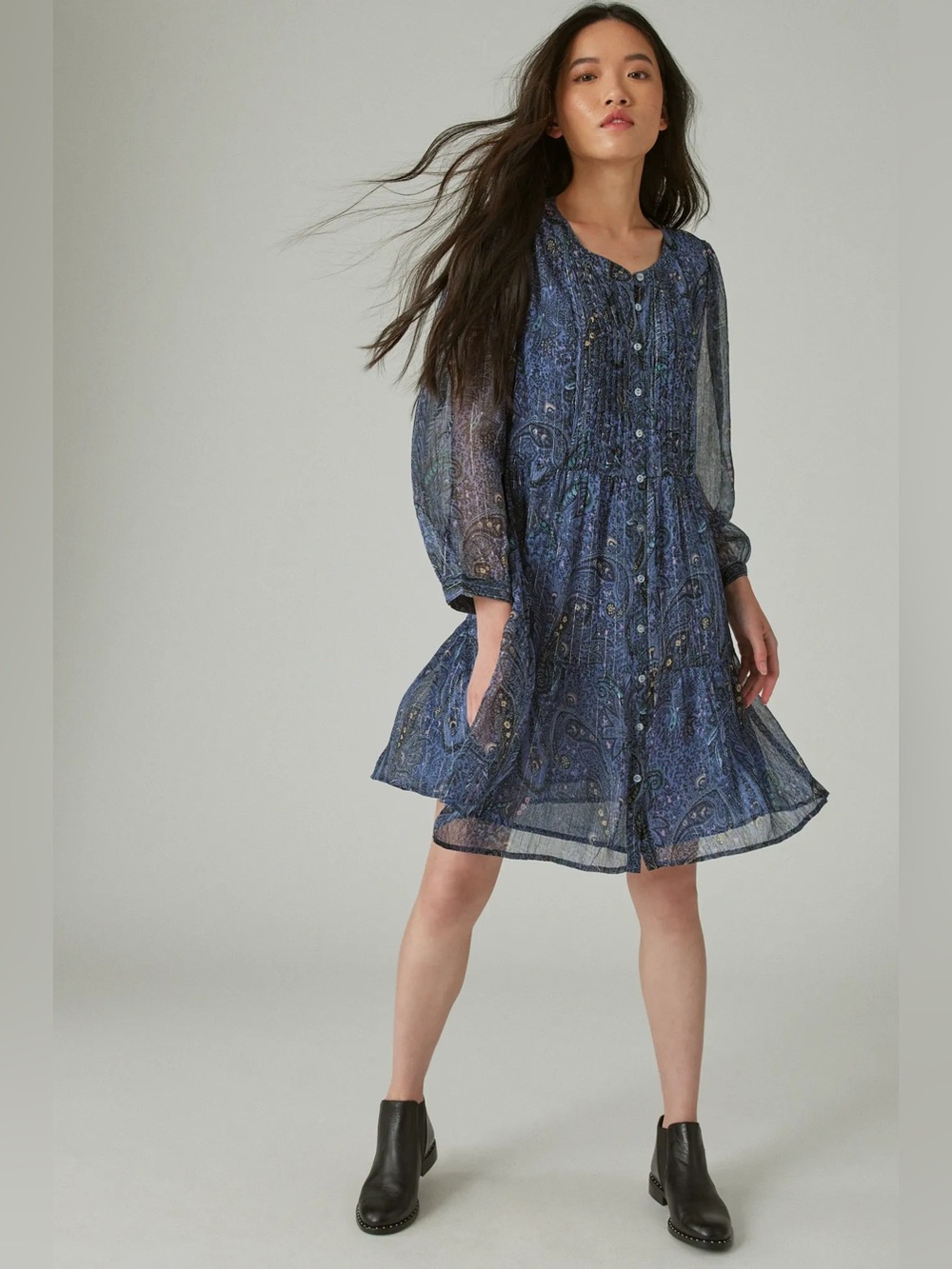 Lucky Brand Size XS Long Sleeve Paisley Printed Babydoll Dress